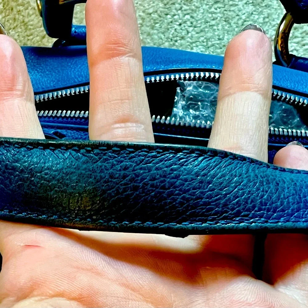 Authentic MCM Mini Boston Bag Blue Leather
